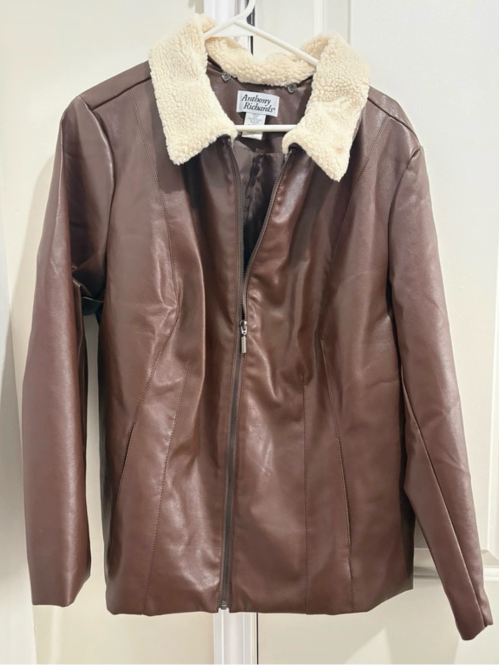 Anthony Richards Brown Faux-Leather Jacket with Cream Sherpa Collar